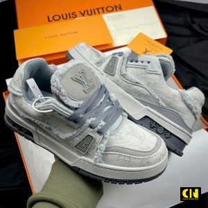 Giay Lv Trainer Trang Xam Denim Giày LV Trainer Trắng Xám Denim