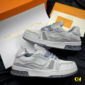 Giay Louis Vuitton Lv Trainer White Grey Denim Xu Giày Louis Vuitton LV Trainer White Grey Denim Xù