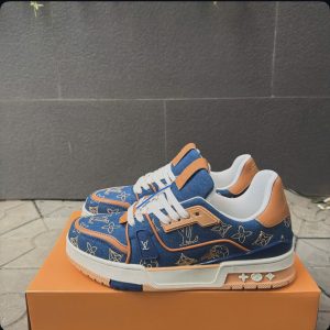Giay Louis Vuitton Lv Trainer Monogram Embroidered Denim Brown Blue Giày Louis Vuitton LV Trainer Monogram Embroidered Denim Brown Blue
