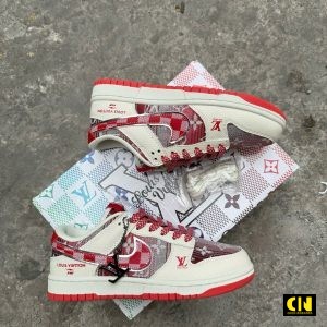 Giay Nike Dunk Low Custom Lv Monogram Stripe Mau Do Giay Nike Dunk Low Custom LV Monogram Stripe Mau Do