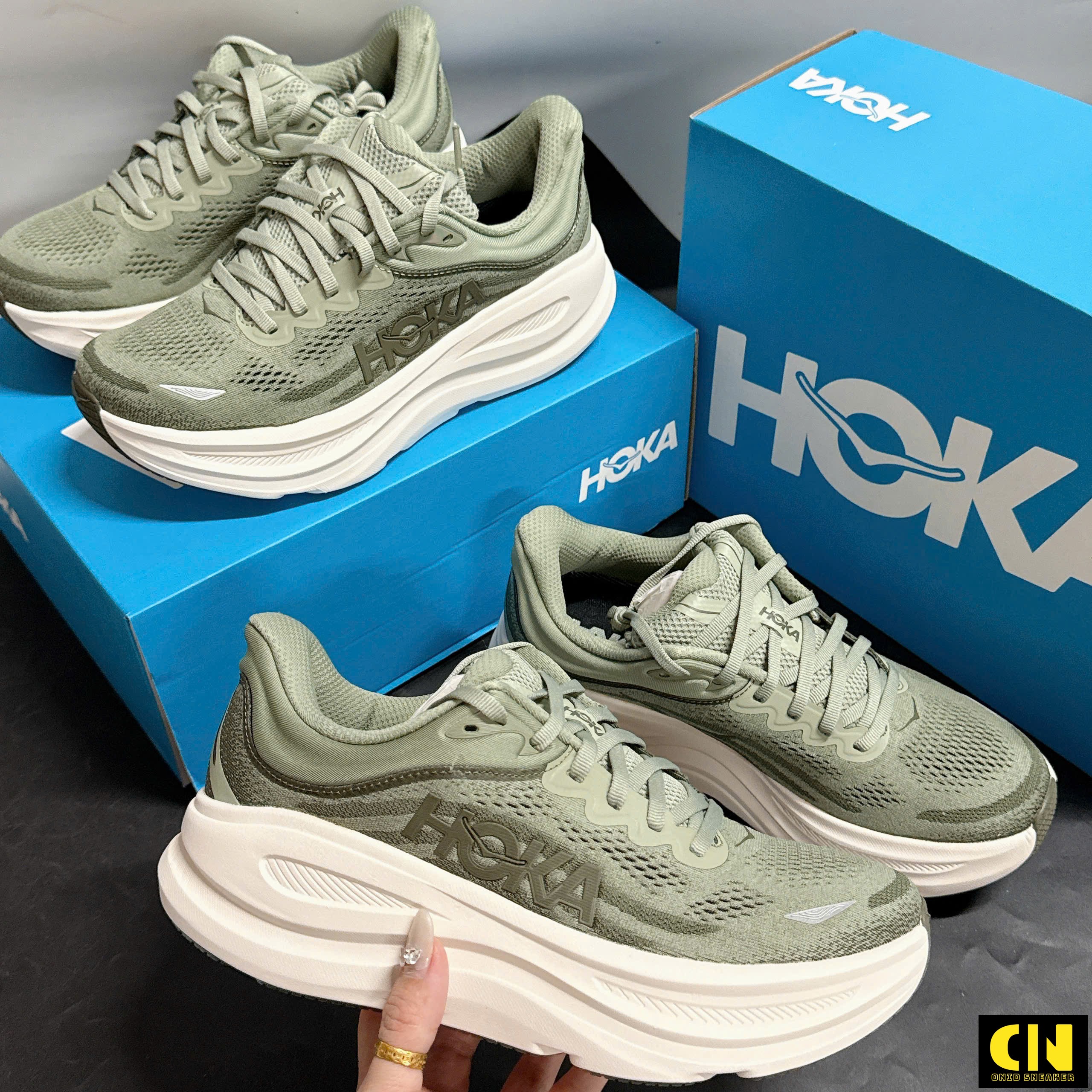Giày Hoka Bondi 9 Trắng Xanh Rêu Giày Hoka Bondi 9 Trắng Xanh Rêu