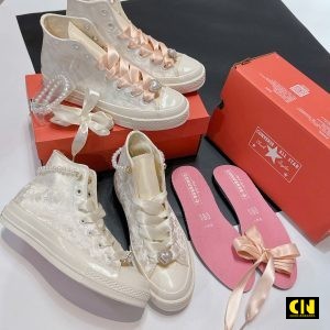 Giay Sneaker Converse 1970S Vai Gam Cuoi Trang No Hong Giày Sneaker Converse 1970s Vải Gấm Cưới Trắng Nơ Hồng