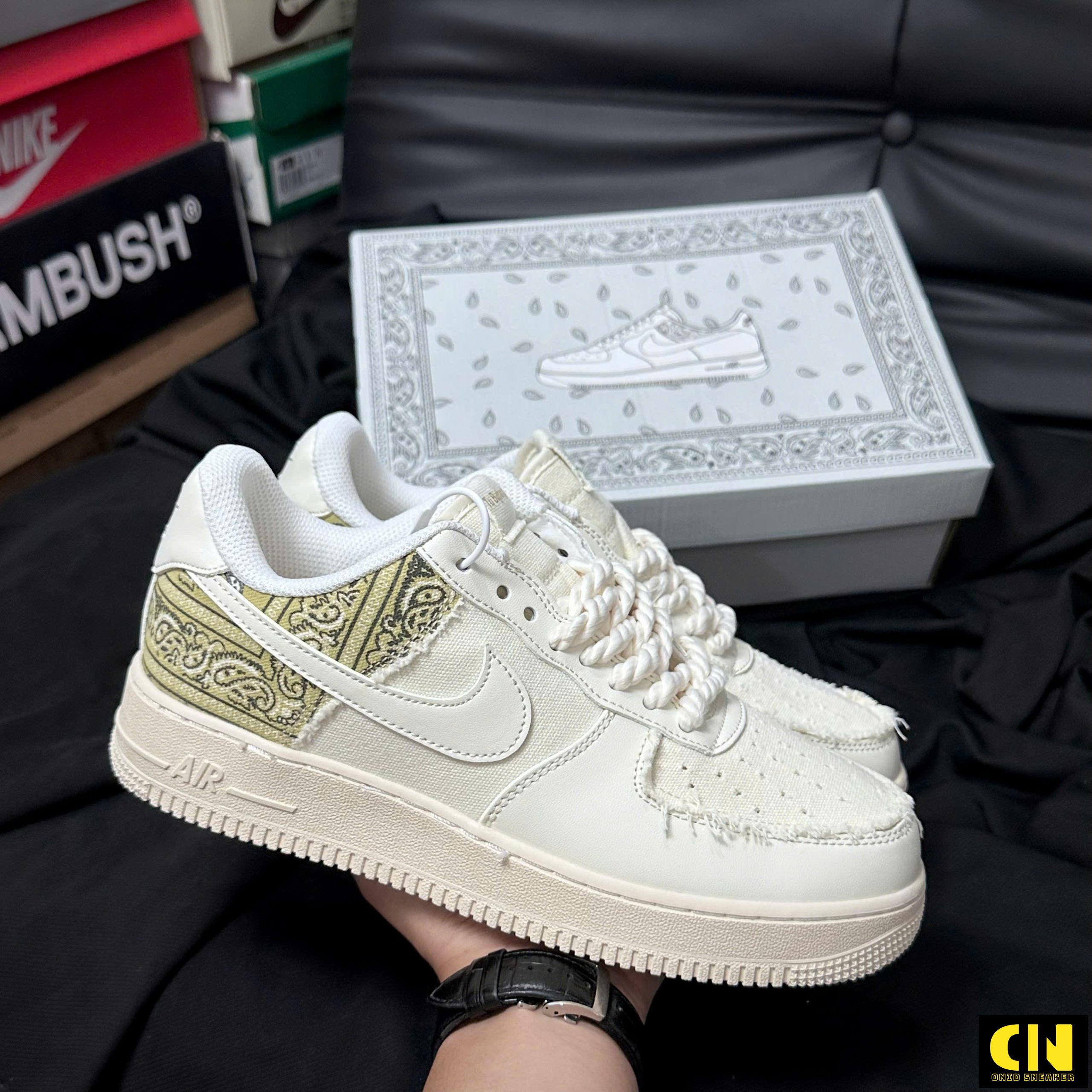 Giày Af1 Bigbang Chunky Lace Bandana Trắng Vàng Giày AF1 Bigbang Chunky Lace Bandana Trắng Vàng